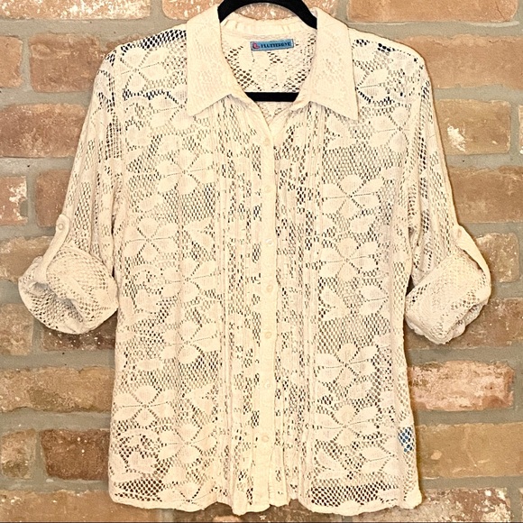 Flutterbye Crochet Button Up Collared Top - Sz Med - Picture 1 of 8